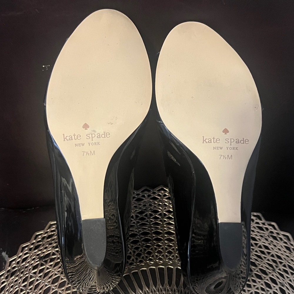 kate spade Black Patent Peep-Toe Wedges with Gold Bow Accent - Picture 5 of 6